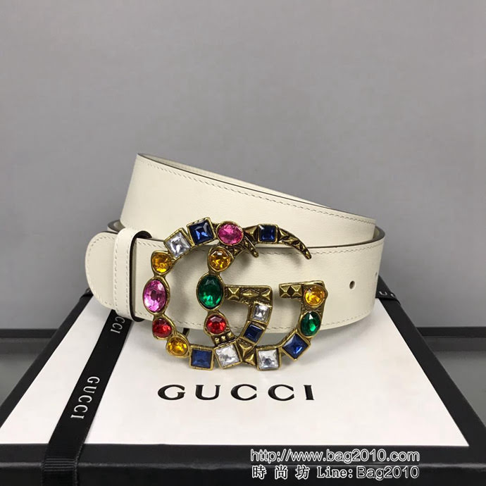 GUCCI古馳 官網新款 正品規格 原單品質 雙面進口頭層對版定制皮料 彩色寶石復古金GG扣 時尚百搭款皮帶  xfp1318